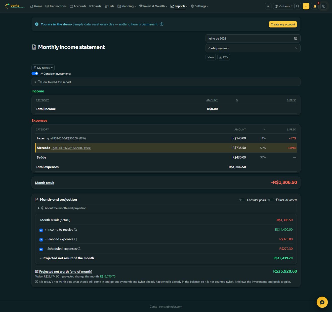 Monthly income statement on desktop