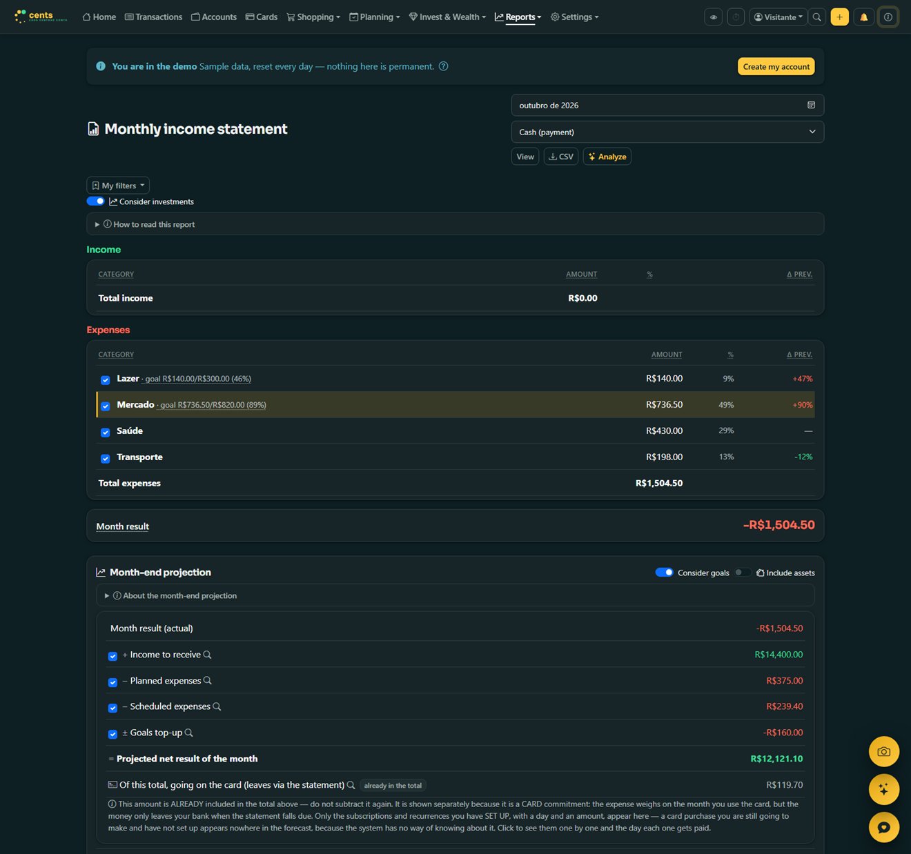 Monthly income statement on desktop
