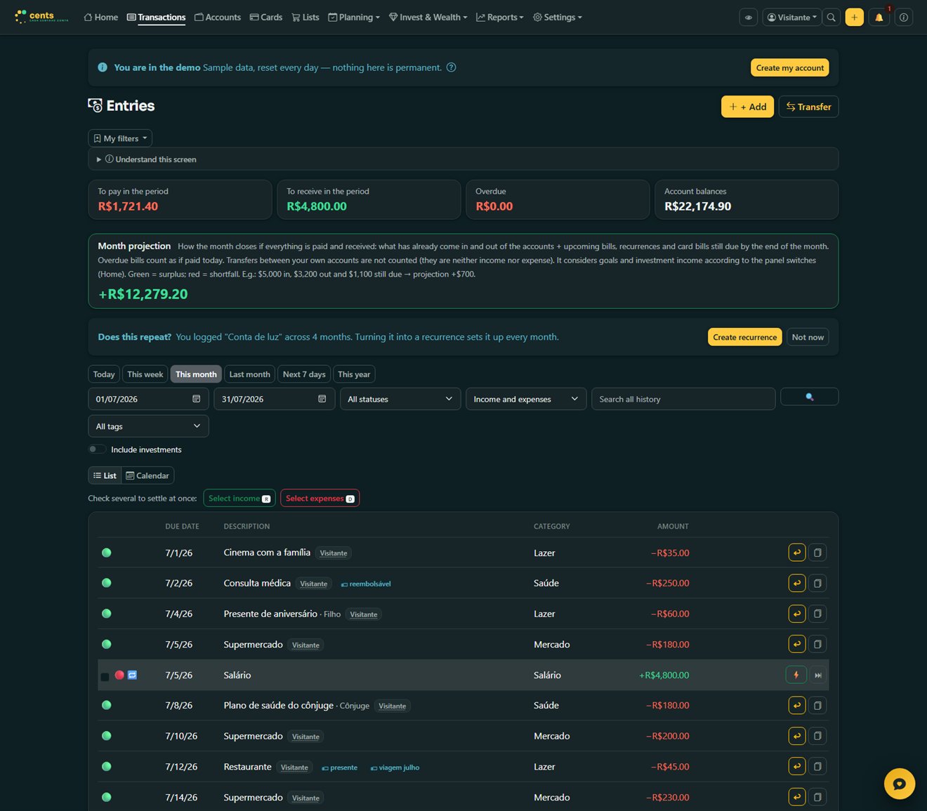Transactions screen on desktop