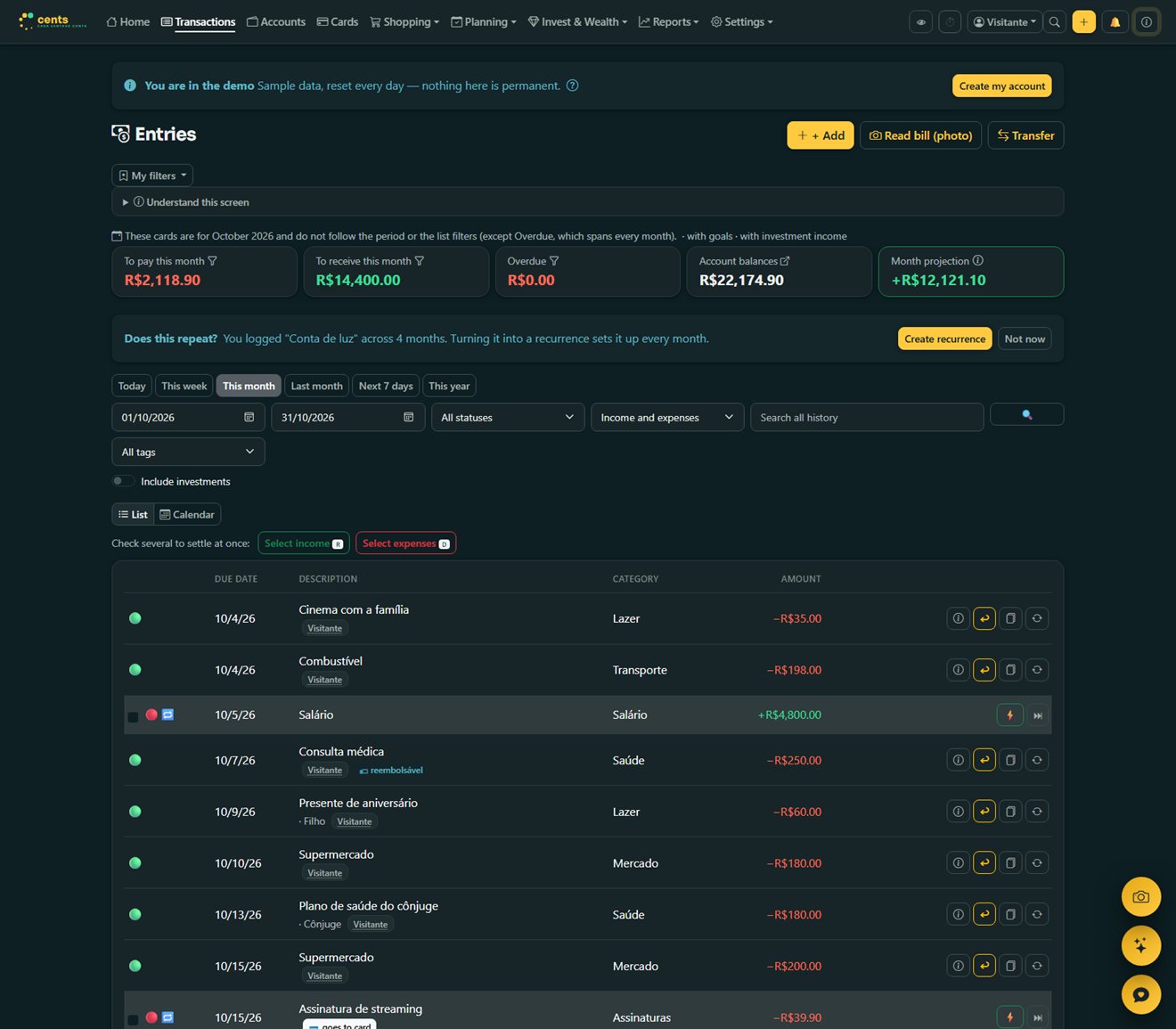 Transactions screen on desktop