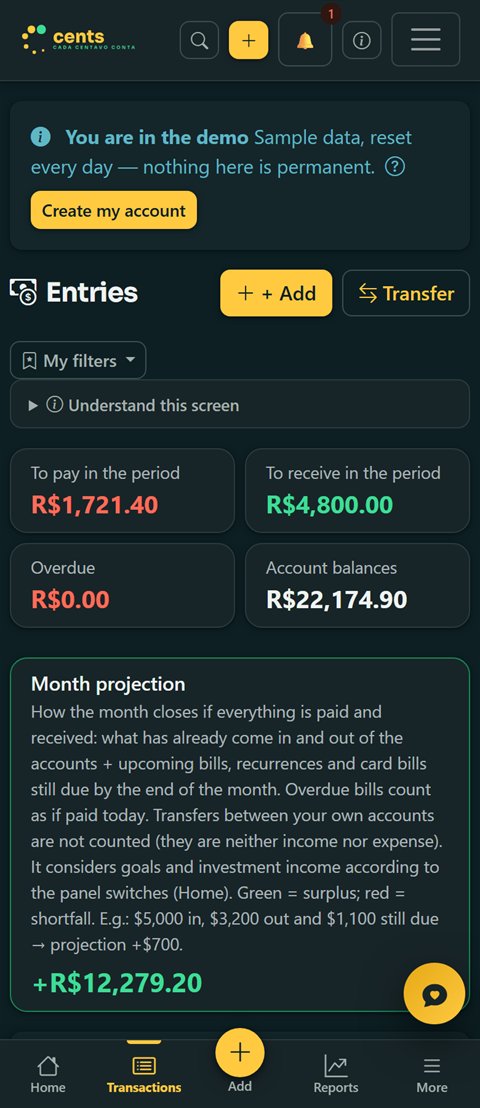 Transactions screen on mobile
