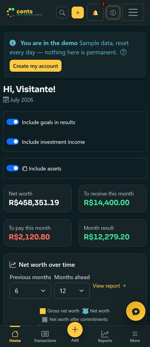 The same Cents dashboard on mobile