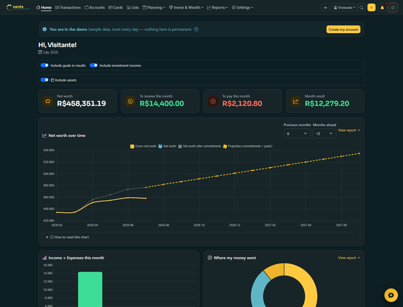 Cents dashboard on desktop: net worth, bills to pay and receive, and net worth over time