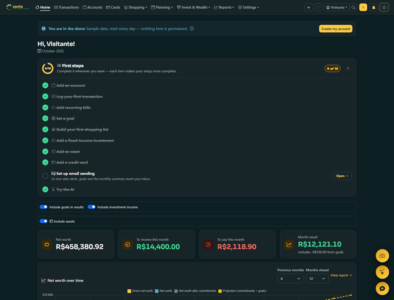 Cents dashboard on desktop: net worth, bills to pay and receive, and net worth over time