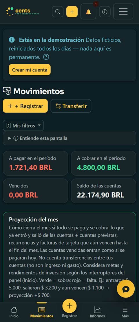 Pantalla de movimientos en el celular