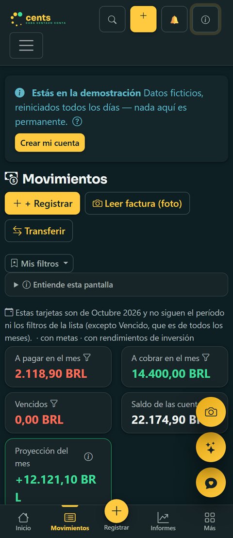 Pantalla de movimientos en el celular