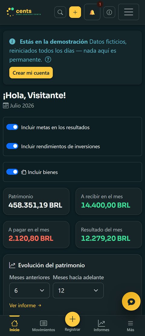 El mismo panel de Cents en el celular