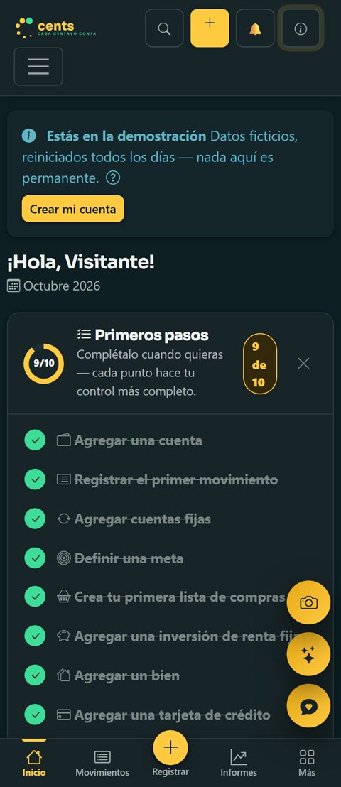 El mismo panel de Cents en el celular