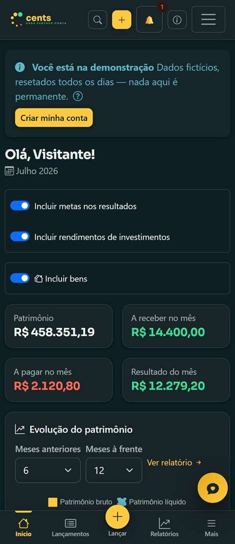 O mesmo painel do Cents no celular