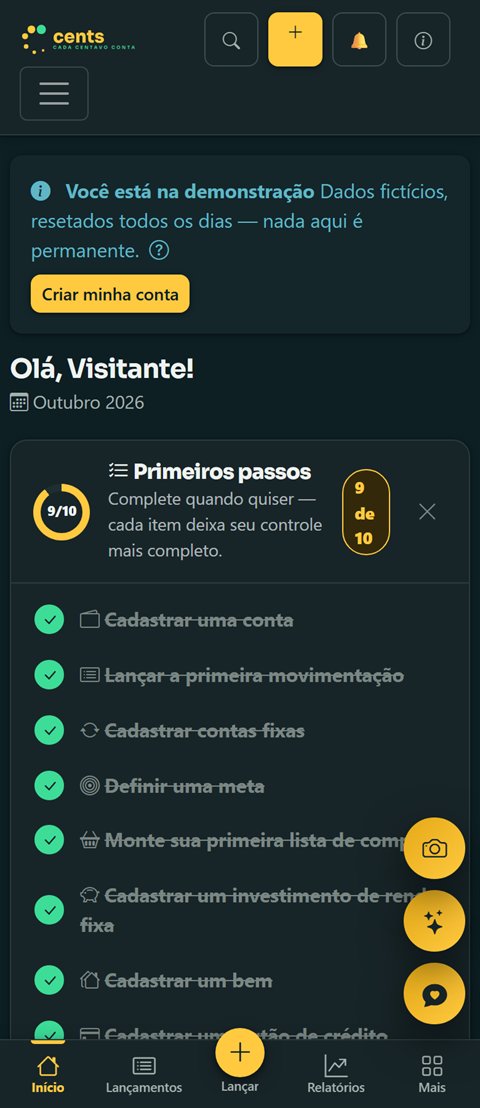 O mesmo painel do Cents no celular